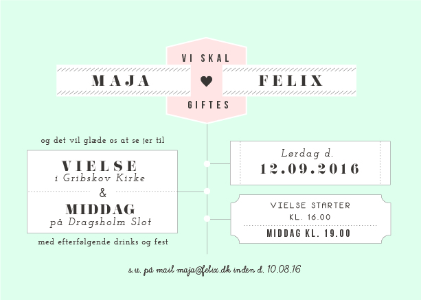 
                Maja & Felix er en moderne bryllupsinvitation i en frisk dusty green farve. Benyt bagsiden til de øvrige praktiske oplysninger. Til denne minimalistiske bryllupsinvitation kommer også matchende elementer i form af velkomstskilt, bordoversigt, menukort, bordkort, drinkskort, takkekort mm. således I kan skabe en rød tråd for bryllupsdagen.                